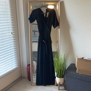 Black full pant length romper with statement belt